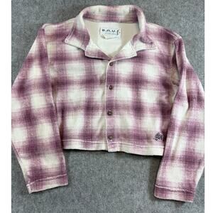 Vintage 80s ENUF Shirt Womens Medium Purple White Plaid Terry Cropped Button Up
